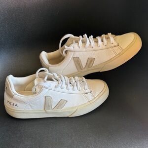 Veja White Leather Low-Top Sneakers with Beige V Logo